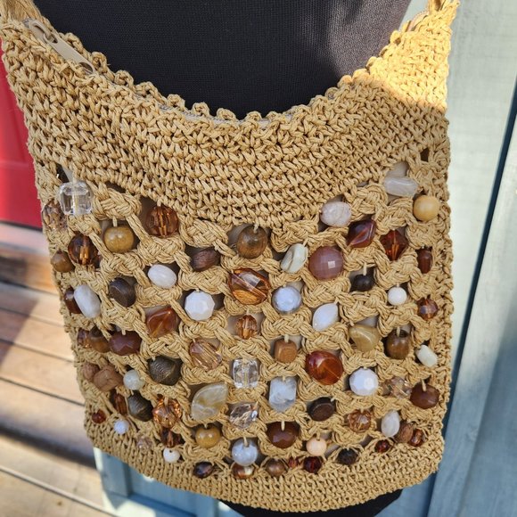 Cappelli Straworld 100% Paper Handbag With Decorative Stones Beads 11" By 11.5" - Picture 3 of 6